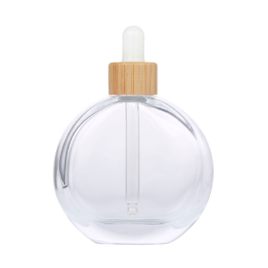 Wholesale 50ML Clear Round Flat Empty Glass Dropper Bottle with Bamboo Cover
